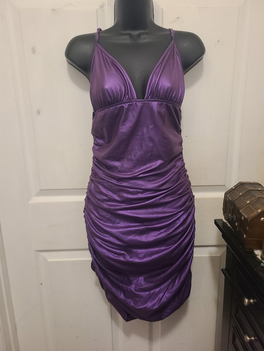 Purple Ruched Satin Spaghetti-Strap Dress
